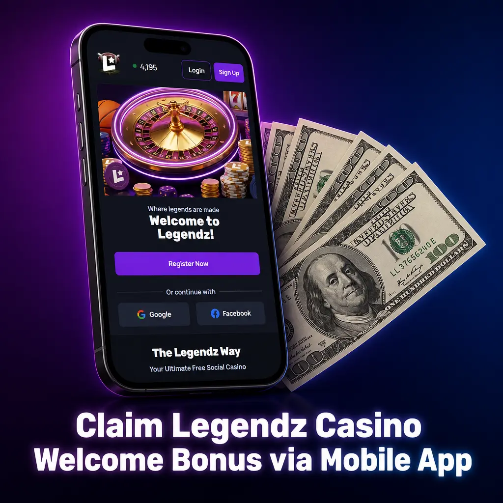 Legendz Casino mobile app screen showing welcome bonus claim of 500 GC and 3 SC for new players