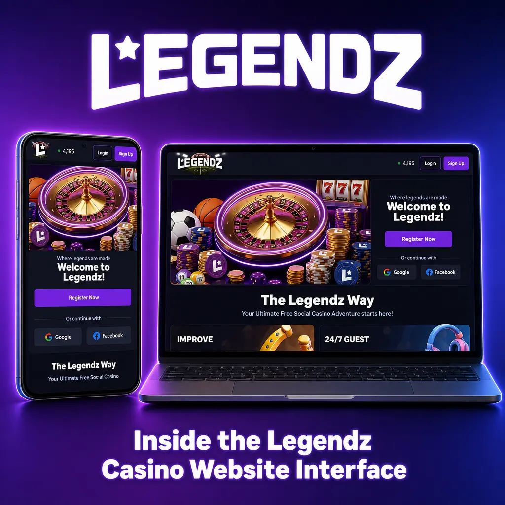 Legendz Casino website dark-themed interface showing navigation bar, coin balances, and search bar