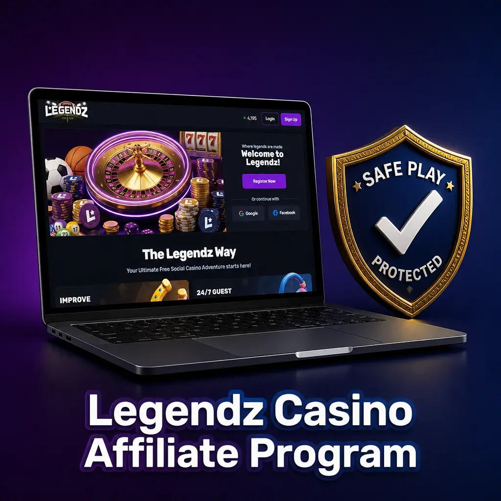 Legendz Casino affiliate program logo showcasing revenue share commissions and monthly payouts for referred players
