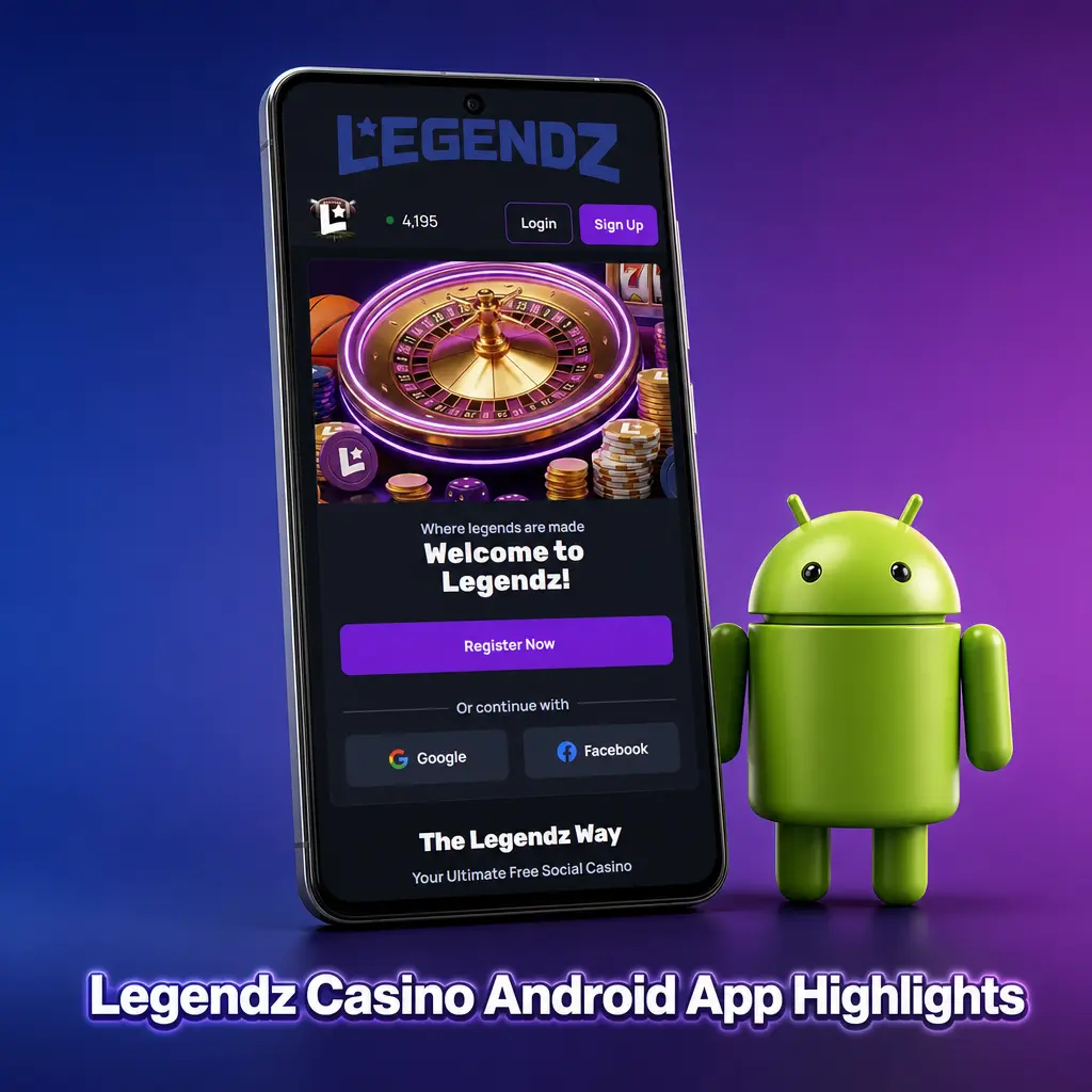 Legendz Casino Android app screenshot showing casino games and sportsbook betting options for free mobile download