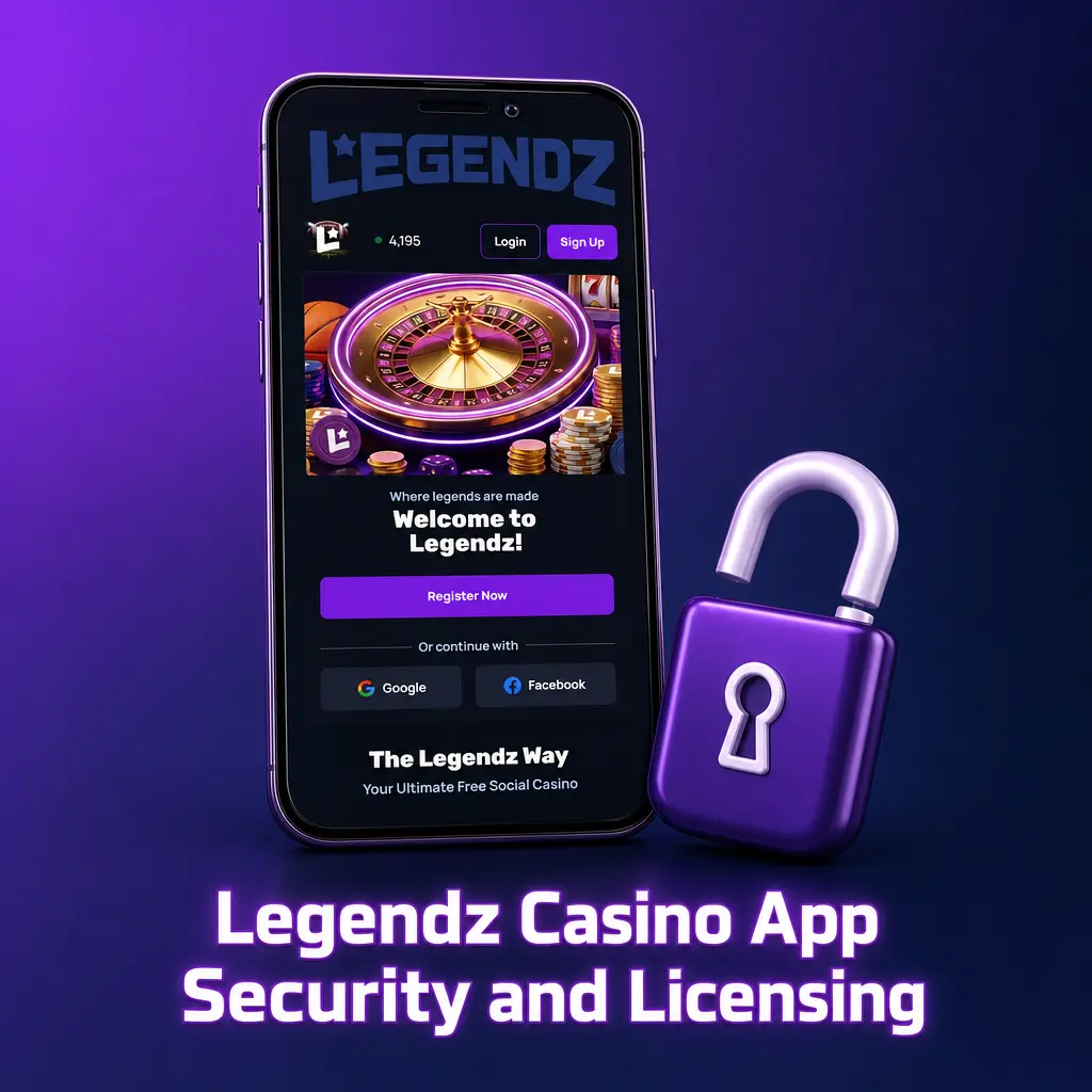 Legendz Casino app security screen showing SSL encryption, age verification, and licensed sweepstakes compliance across 49 states