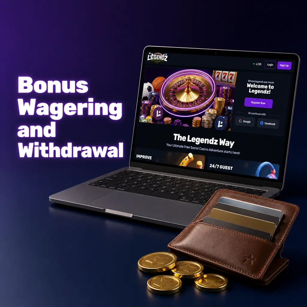Legendz Casino bonus SC wagering: 1x playthrough clears before withdrawal, minimum 50 SC redemption, verified account required