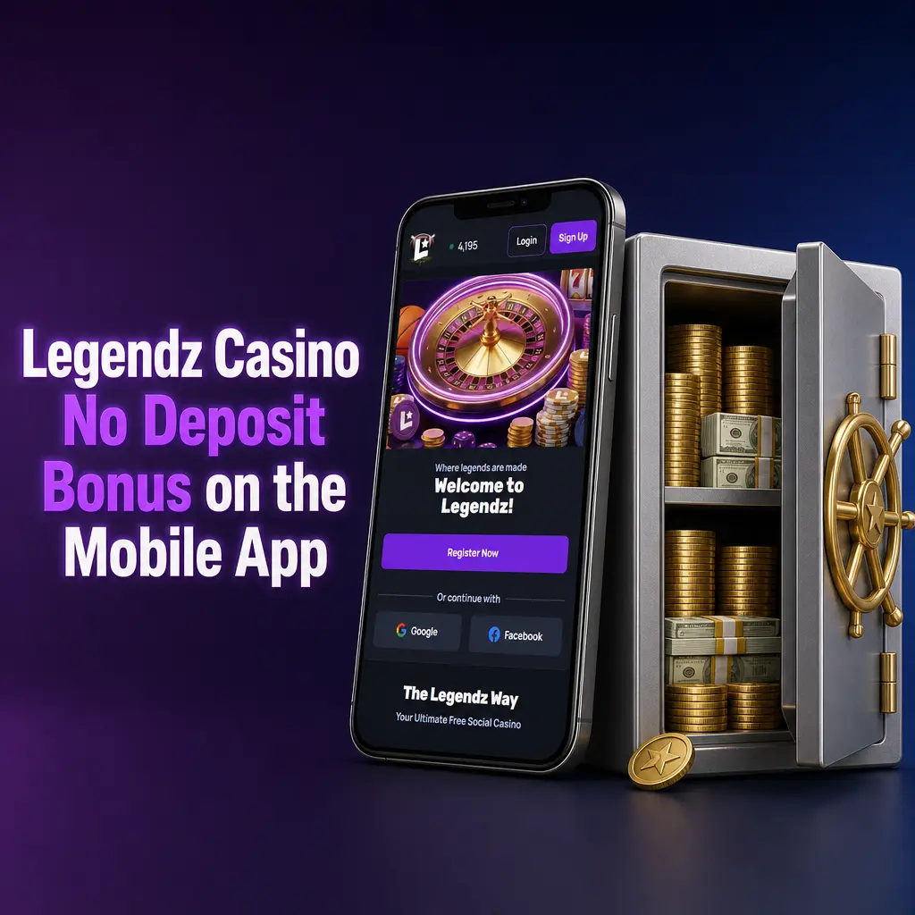 Legendz Casino mobile app showing no deposit bonus of 500 GC + 3 SC on iOS and Android devices.