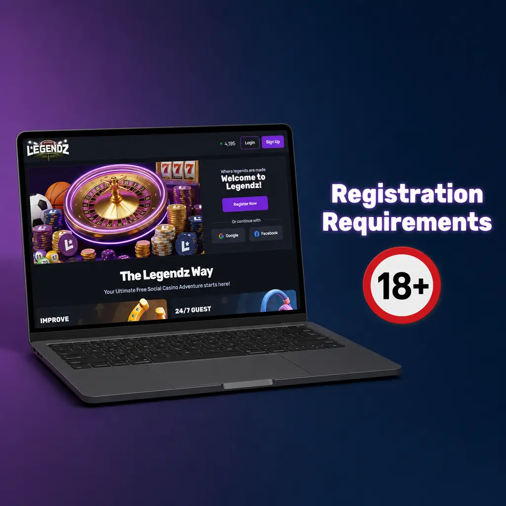 Legendz Casino registration checklist showing age, address, and account verification requirements for US sweepstakes compliance