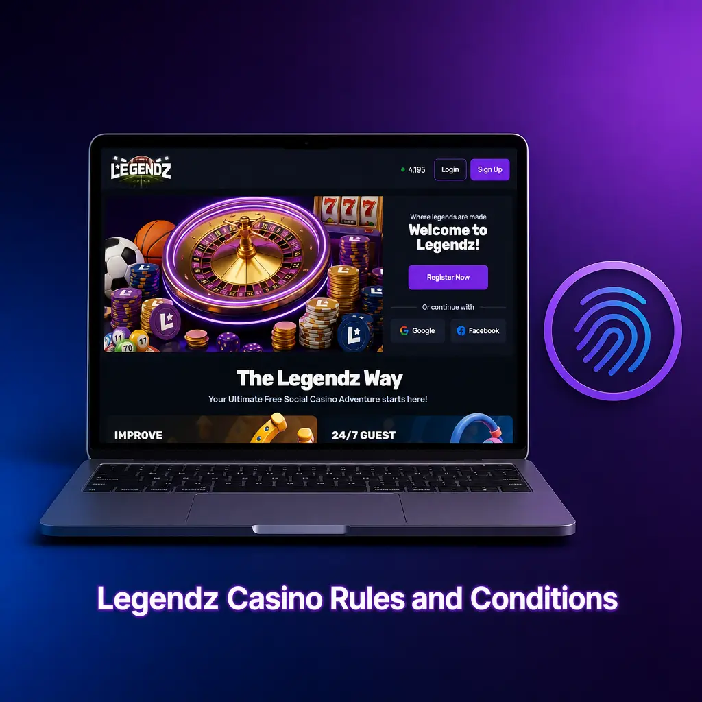 Legendz Casino rules covering age limits, one account per household, and Sweeps Coins redemption terms.