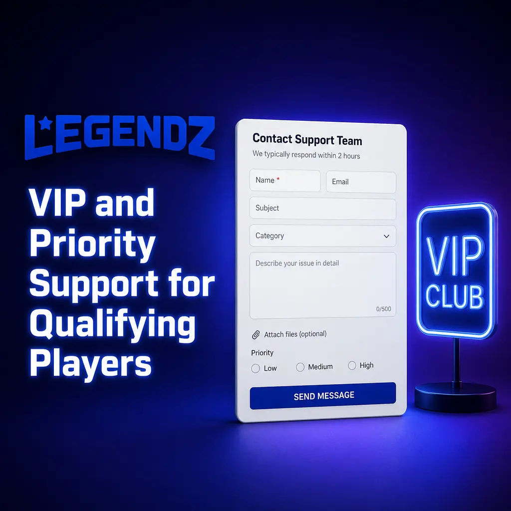 VIP and priority support contact for qualifying Legendz Casino players handling withdrawals, bonuses, and account needs.