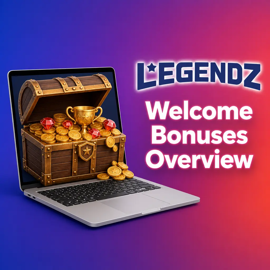 Legendz Casino welcome bonuses table showing bonus amounts, coin totals, redemption rules, and minimum deposit for new players