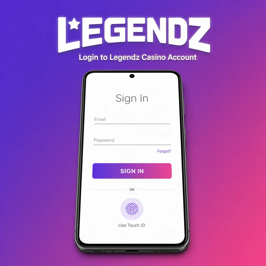 Legendz Casino login screen showing email, password, and secure two-factor authentication access options.