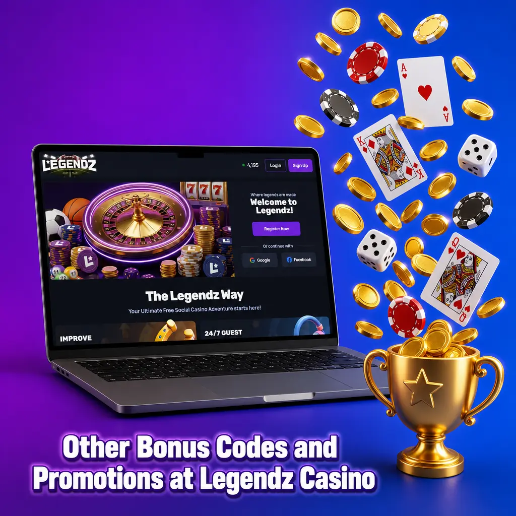 Legendz Casino promo codes and bonuses: daily login rewards, referral bonuses, first purchase match, and free mail-in Sweeps Coins.