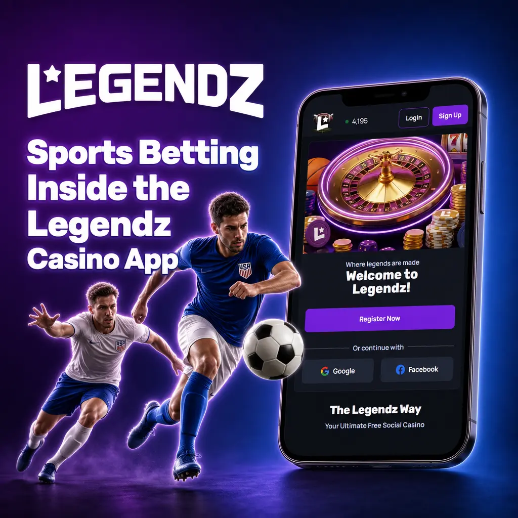 Sports betting screen in the Legendz Casino app showing live odds, bet types, and coverage of major sports and eSports leagues.