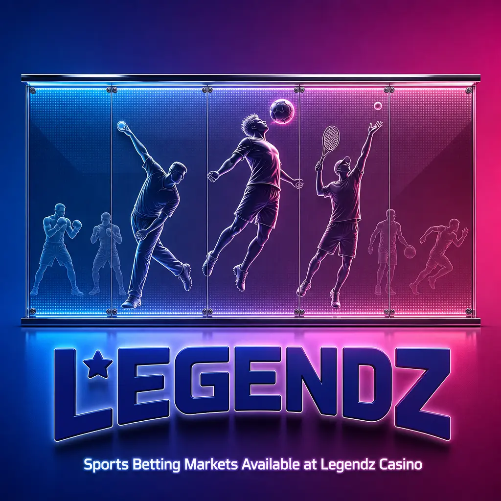 Sports betting markets at Legendz Casino: football, basketball, baseball, hockey, soccer, tennis, golf, MMA, boxing, and motorsports.