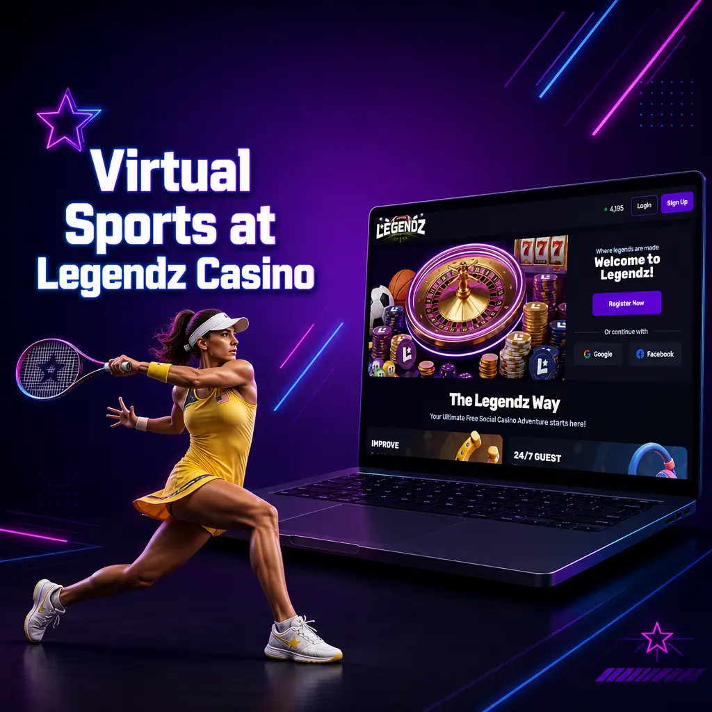 Virtual sports lobby at Legendz Casino featuring virtual football, horse racing, greyhound racing, and tennis events